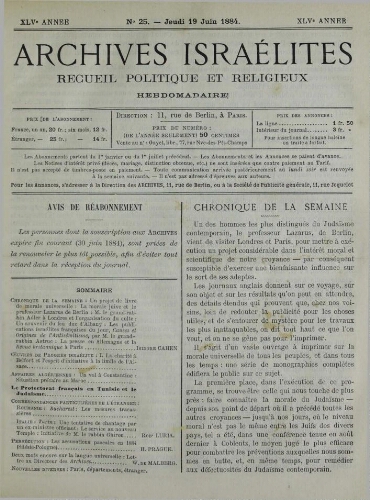 Archives israélites de France. Vol.45 N°25 (19 juin 1884)